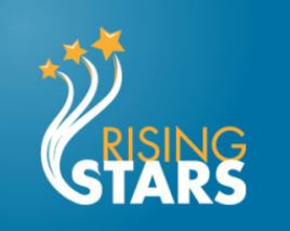 Image Shows: of Rising stars logo with a blue background and yellow stars