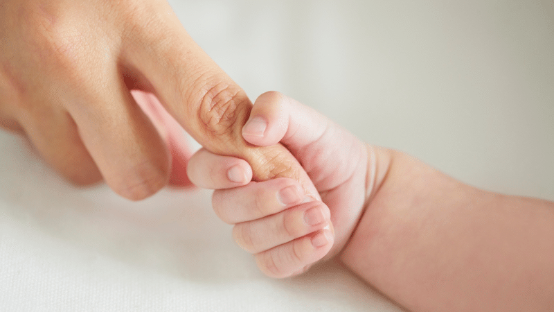 Parent holding baby hand