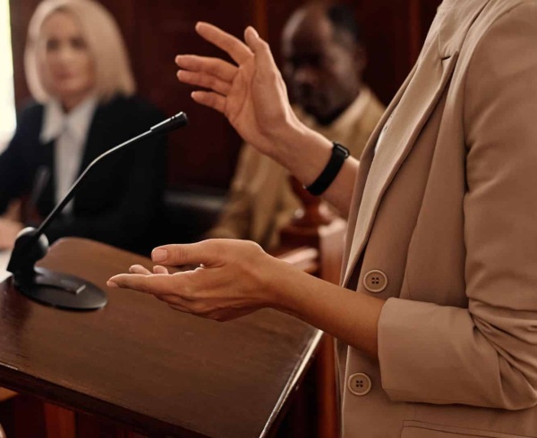 Image Shows: lawyer speaking in court - close up