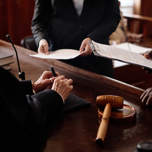Image Shows: judge and counsel in court