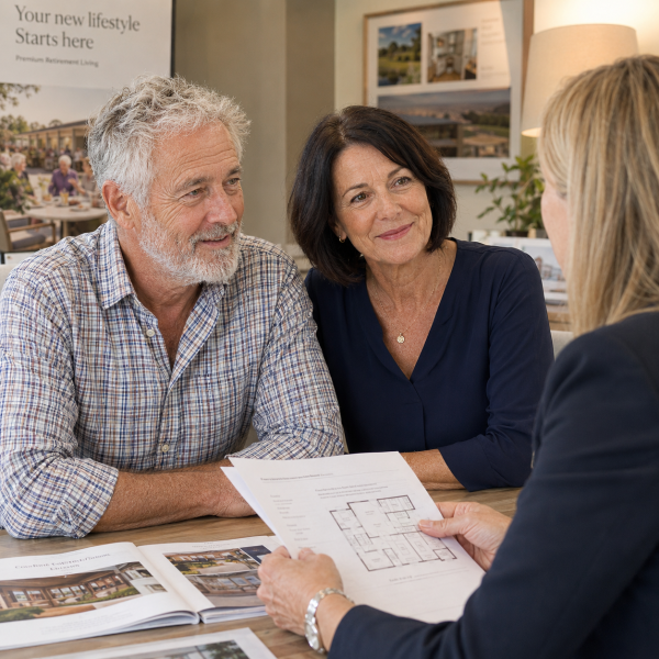 Image Shows: older couple discussing plans with female sales person