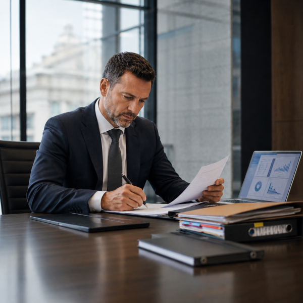 Image Shows: Corporate businessman reviewing documentation with open laptop