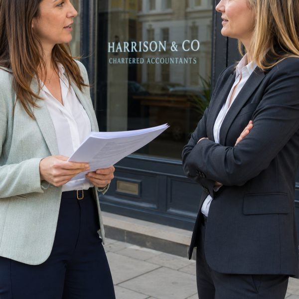Image Shows: two women outside an accountancy business, talking, one with paper in her hands.