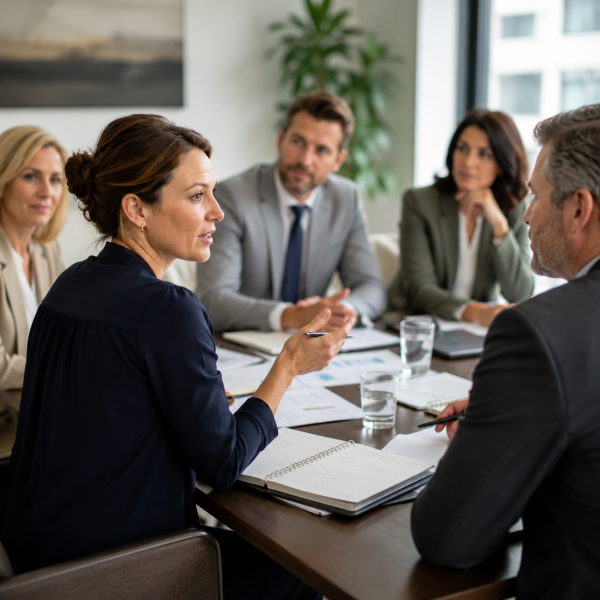 Image Shows: a number of corporate people male and female around a table discussing