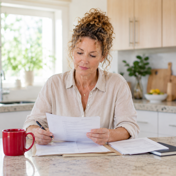 Image Shows: an everyday woman sat at a kitchen bench reviewing paperwork