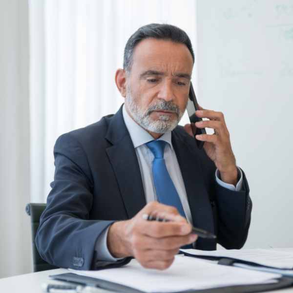 Image Shows: man at desk on the phone talking and taking notes