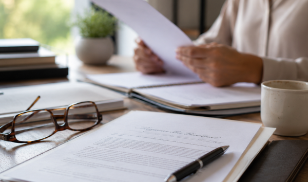 Image Shows: photograph of papers on a table with a person in the background. Pen resting on papers.