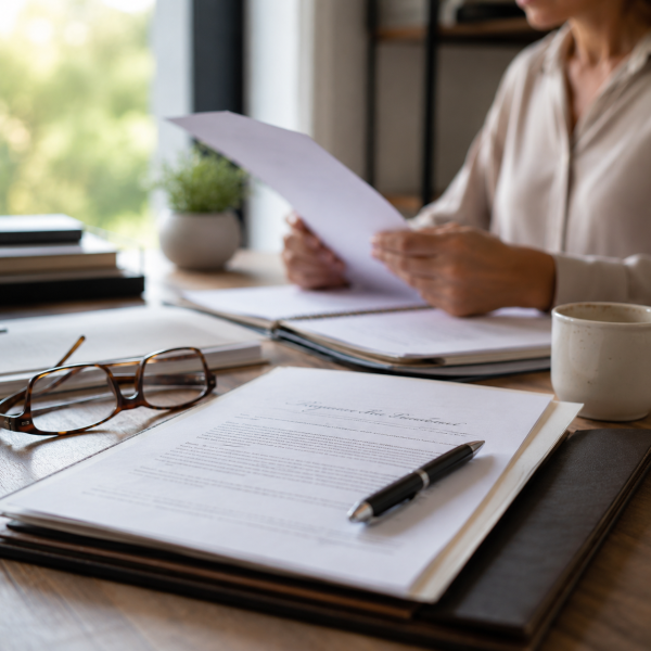 Image Shows: photograph of papers on a table with a person in the background. Pen resting on papers.