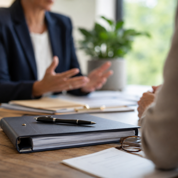 Image Shows: table with bound documents on it, person hind table talking to one in foreground.