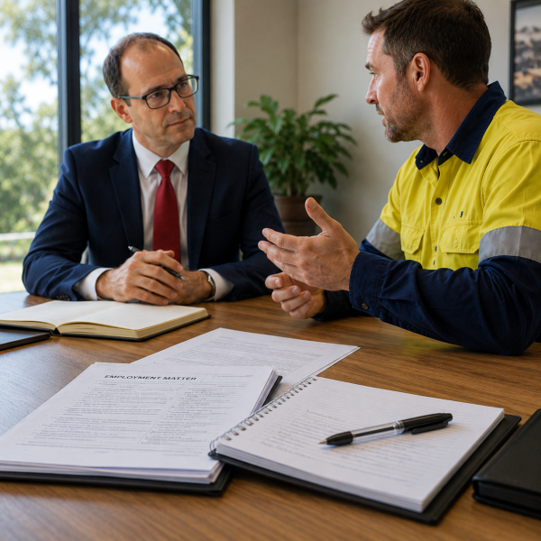 Image Shows: lawyer and construction worked discussing at a table in an office
