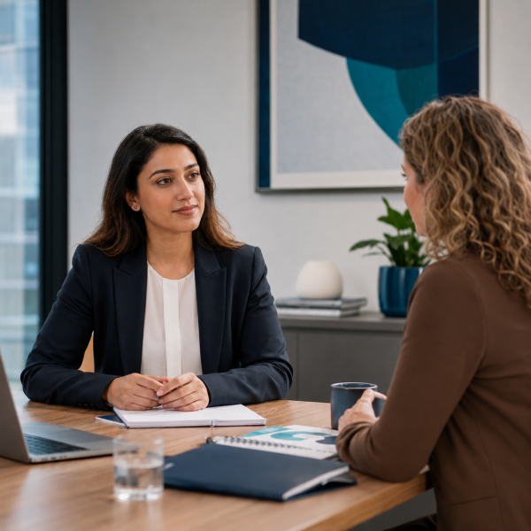 Image Shows: two women discussing a topic over a table or desk.