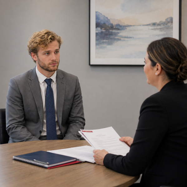 Image Shows: graduate discussing application with HR