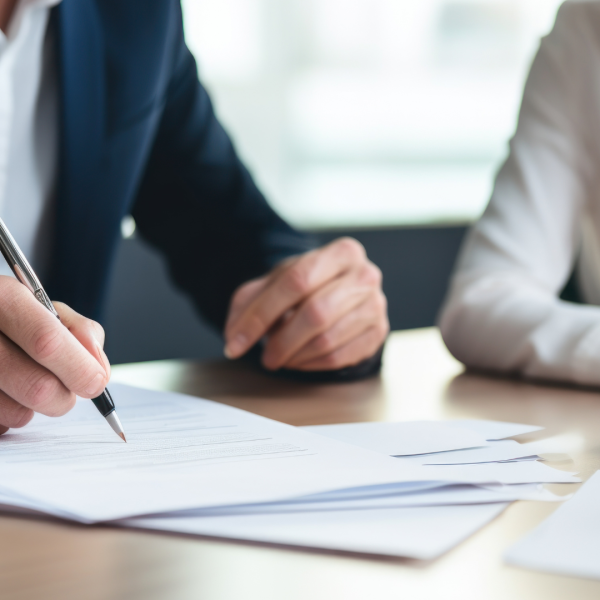 image shows people talking in a meeting and writing notes