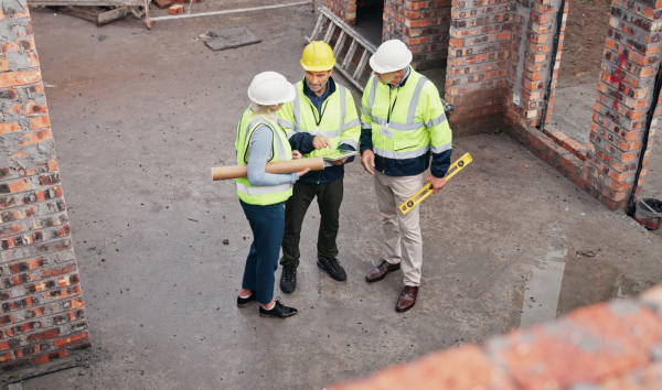 image shows builders on construction site
