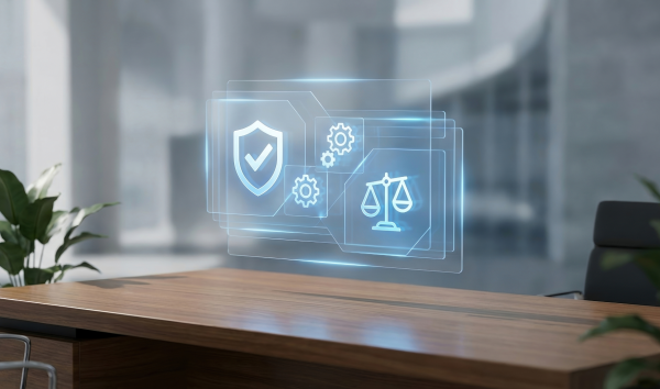Image shows compliance security law regulation governance technology business professional legal scales and shield hologram interface on a modern office desk for risk management and ethics.