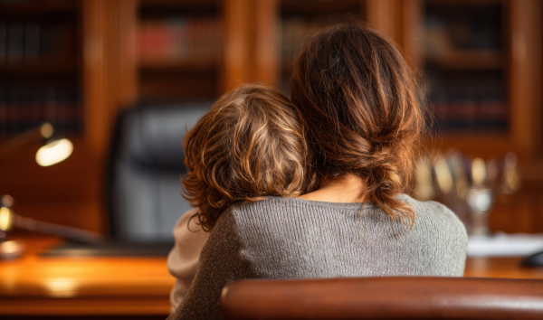 A woman sitting in a lawyer's office with her child in her lap