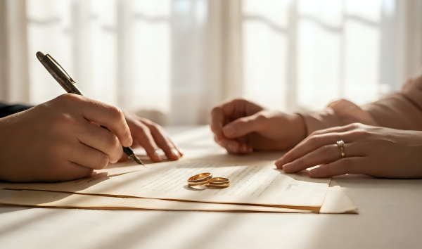 Two people signing divorce documents