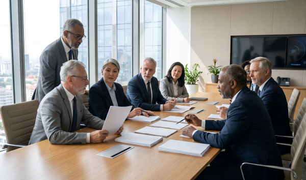 A group of executives discussing something at a board meeting