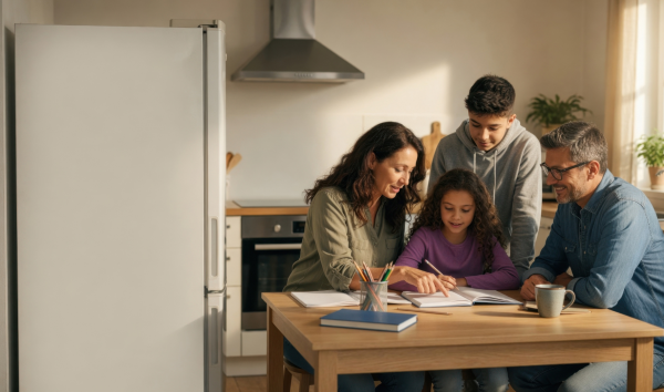 A family of four gathered around a girl's workbook