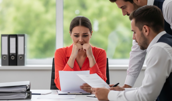 A woman looking worried as she reads a document with two men next to her