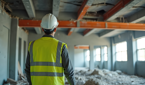 A man in high vis and a hard hat on a construction site