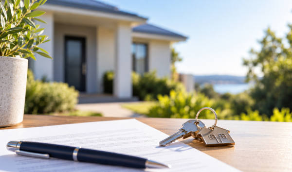image shows in the foreground keys, pen and paper on a desk with a house in the background