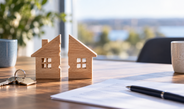 image shows keys, pen and paper with a wooden house split in half