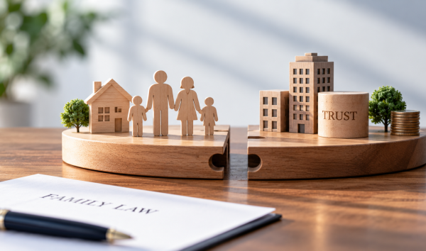 this image shows wooden blocks of a house, family, buildings and trust with in the foreground a document with a pen on top