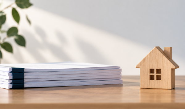 image shows a wooden hous with papers next to it