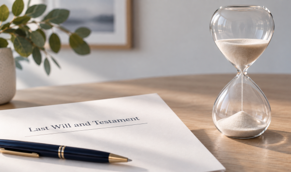 image shows a sand timer with 'last will and testament' documents