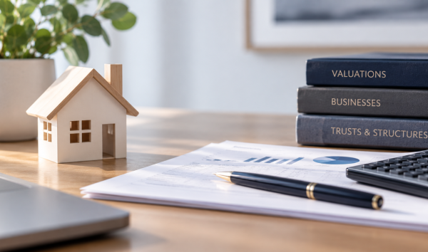 image shows book, documents, pens and a wooden house on a bench