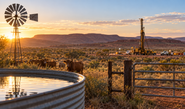image shows: oil rig in background with cattle in the for ground