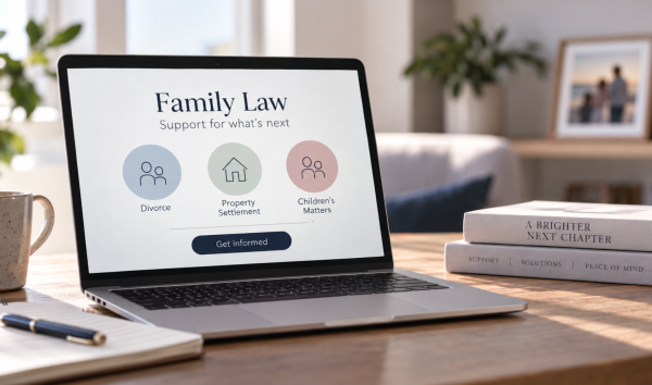 image shows family law website on laptop sitting on a countertop