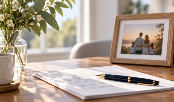 image shows: a pen sitting on top of documents with a photo frame in the background with a picture of a family