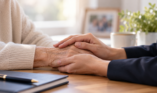 image shows: elderly hand holing with a younger person