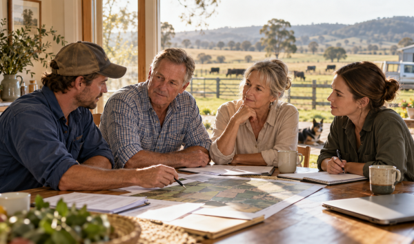 image shows: farming family sitting around discussing succession plans